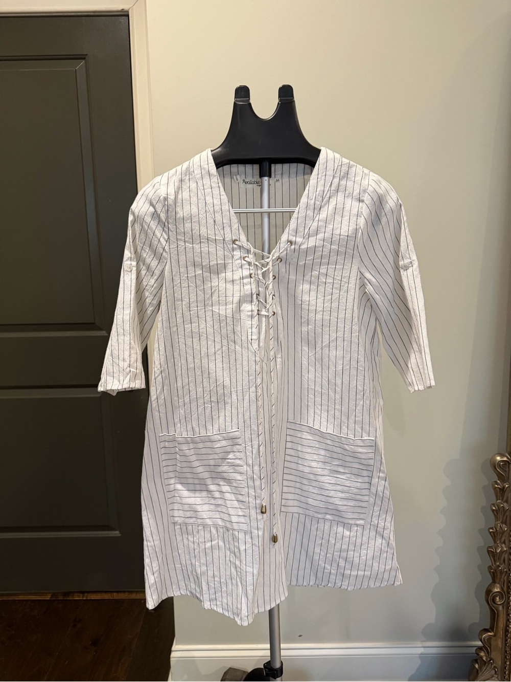 Available by Angela Fashion White Navy Pinstripe Lace-Up Tunic Women’s Medium